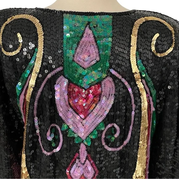 NWT 80s Vintage Carina Sequin 100% Silk Multicolored Long Sleeve Jacket Blazer - Picture 5 of 7
